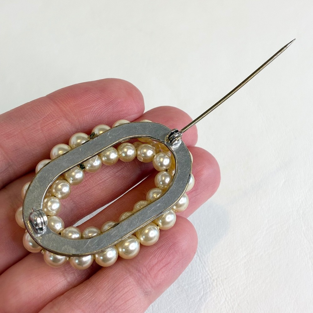 Vintage Faux Pearl Brooch Pin Set Gold Silver Tone Oval Rectangle 2pc Estate - Picture 6 of 13